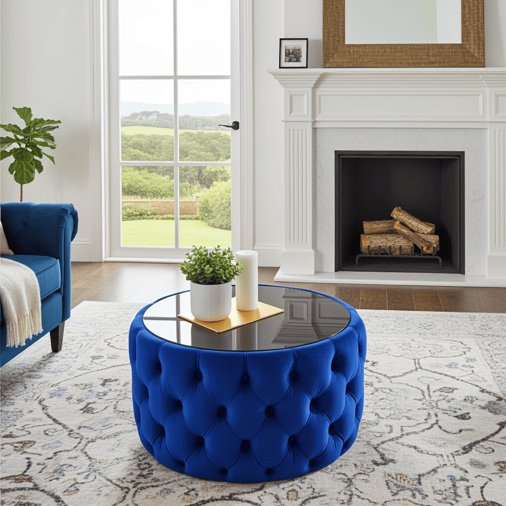 Velvet Button Tufted Round Coffee Table Chesterfield Style 60cm