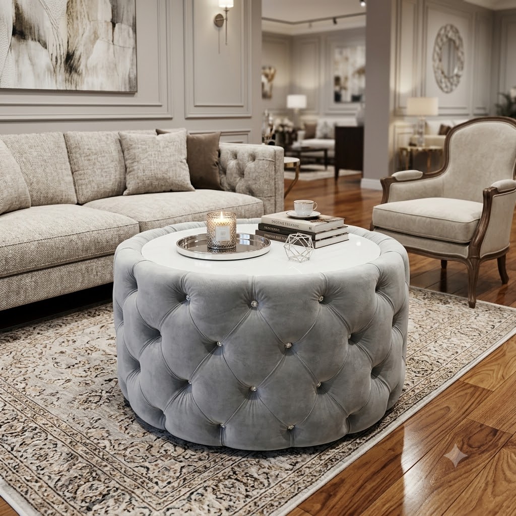 Velvet Button Tufted Round Coffee Table Chesterfield Style 60cm