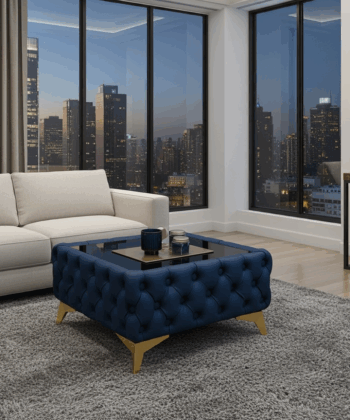 Chester Lux Blue Coffee Table 63x63x35cm Square Eco Leather with Glass