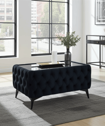 Chester Lux Coffee Table Velvet Black Rectangle 83x63x45cm with Glass