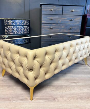 Chester Lux Coffee Table Eco Leather  Light Beige Rectangle 103x63x45cm with Glass
