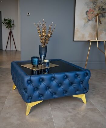 Chester Lux Blue Coffee Table 63x63x35cm Square Eco Leather with Glass
