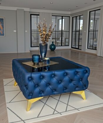 Chester Lux Blue Coffee Table 63x63x35cm Square Eco Leather with Glass