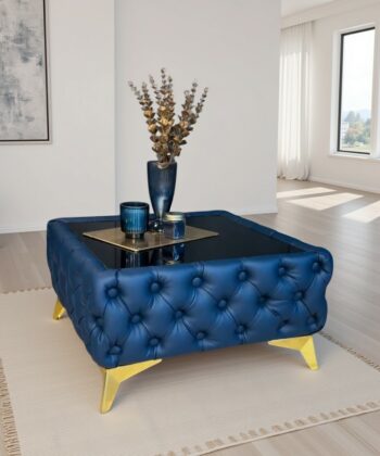 Chester Lux Blue Coffee Table 63x63x35cm Square Eco Leather with Glass