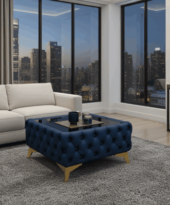 Chester Lux Blue Coffee Table 63x63x35cm Square Eco Leather with Glass