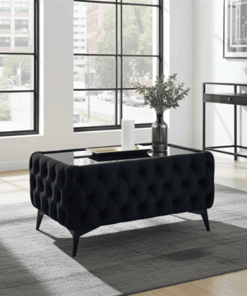 Chester Lux Coffee Table Velvet Black Rectangle 83x63x45cm with Glass