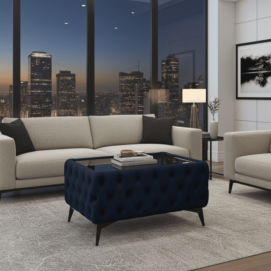Chester Lux Coffee Table Velvet Black Rectangle 83x63x45cm with Glass