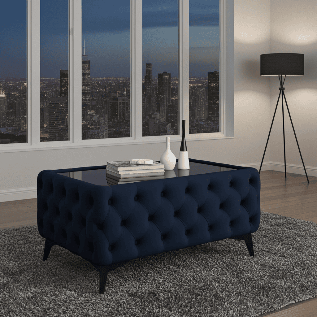 Chester Lux Coffee Table Velvet Black Rectangle 83x63x45cm with Glass