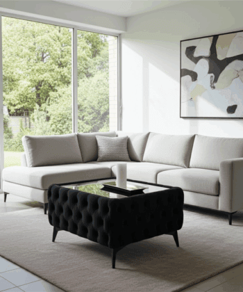 Chester Lux Coffee Table Velvet Black Rectangle 83x63x45cm with Glass