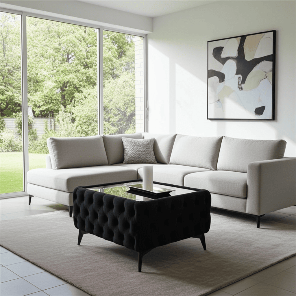 Chester Lux Coffee Table Velvet Black Rectangle 83x63x45cm with Glass