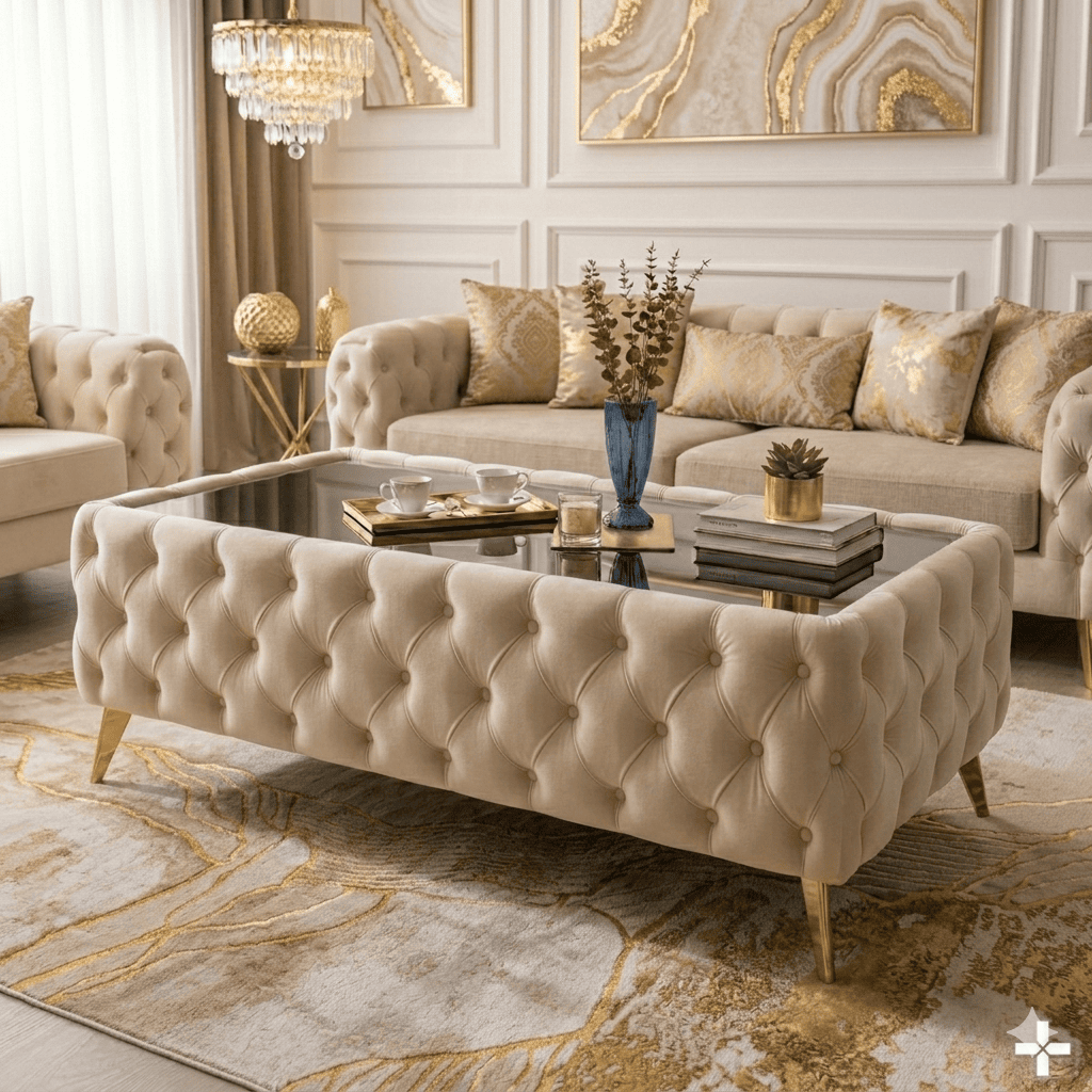 Elegant Velvet Chesterfield Coffee Table Velvet Rectangle 103x63x45cm