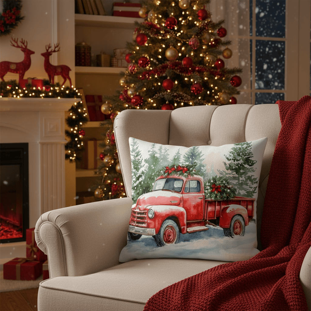 Handcrafted Christmas Cushion – Red Vintage Truck