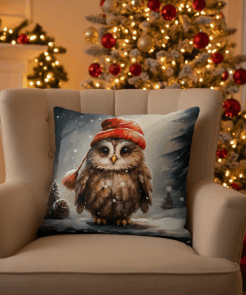 Handcrafted Christmas Pillow –Adorable Winter Owl in Red Hat