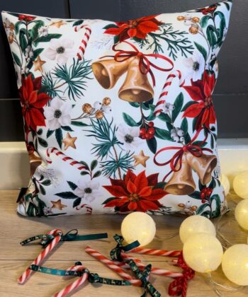 Handcrafted Christmas Pillow – Festive Botanical & Bells Design