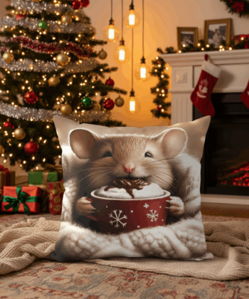 Handcrafted Christmas Pillow – Cosy Mouse with Hot Chocolat