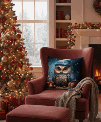 Handcrafted Christmas Pillow – Festive Owl in Blue Hat Design