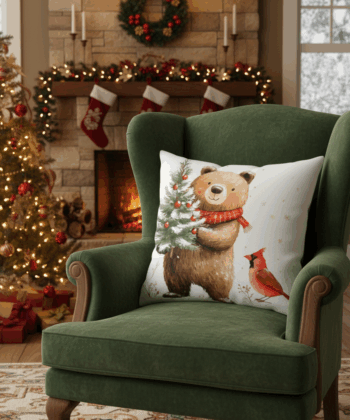 Handcrafted Christmas Pillow with Festive Bear and Cardinal