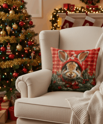 Handcrafted Christmas Pillow with Festive Bunny