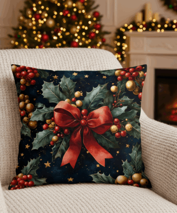 Handcrafted Christmas Pillow with Holly and Red Bow