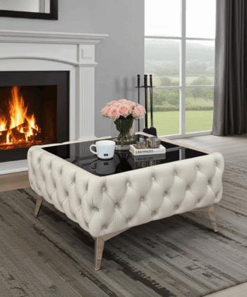 Chester Lux Beige Coffee Table 63x63x35cm Square Velvet with Glass