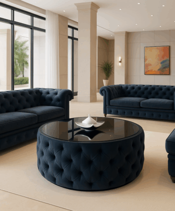 Round Velvet Coffee Table Button-Tufted Chesterfield / Glass 80cm