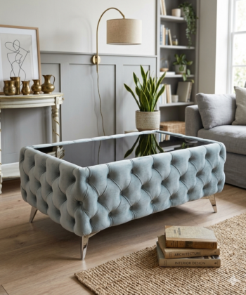 Chesterfield Coffee Table Velvet Rectangle 83x63x45cm with Glass