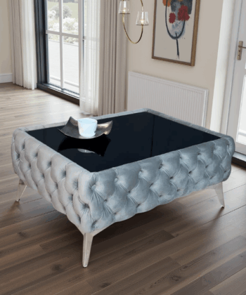 Chester Lux Coffee Table Velvet Grey Rectangle 83x63x35cm with Glass