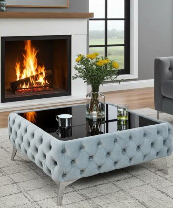 Chester Lux Coffee Table Velvet Grey Rectangle 83x63x35cm with Glass