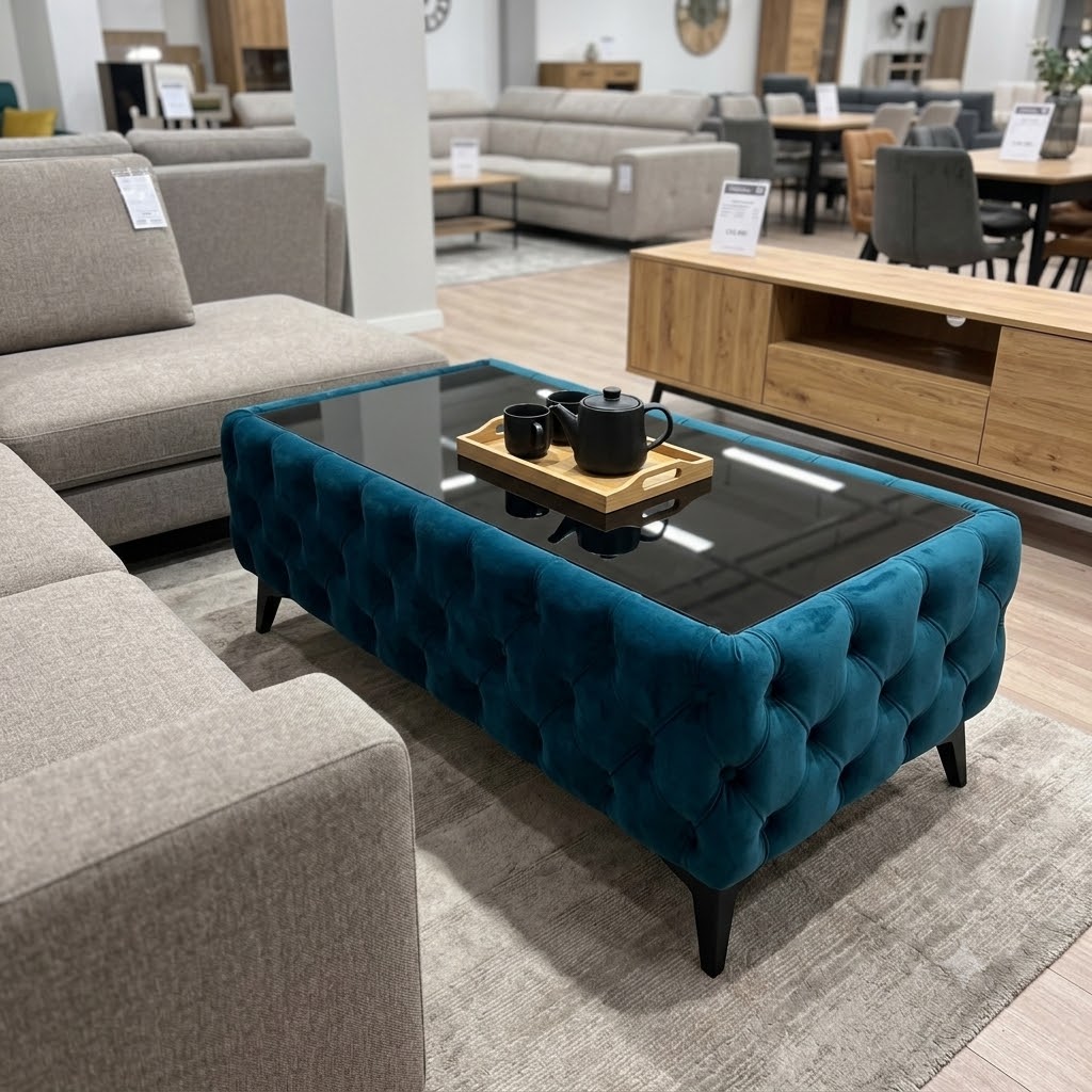 Chesterfield Coffee Table Velvet Rectangle 83x63x45cm with Glass