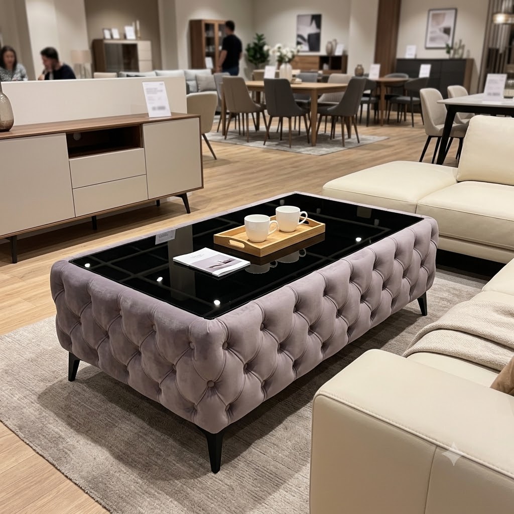Chesterfield Coffee Table Velvet Rectangle 83x63x45cm with Glass