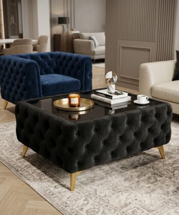 Chesterfield Coffee Table Velvet Rectangle 83x63x45cm with Glass
