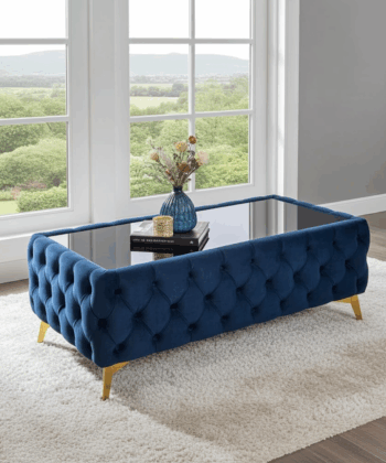 Chester Lux Coffee Table Velvet Dark Blue Rectangle 123x63x45cm with Glass