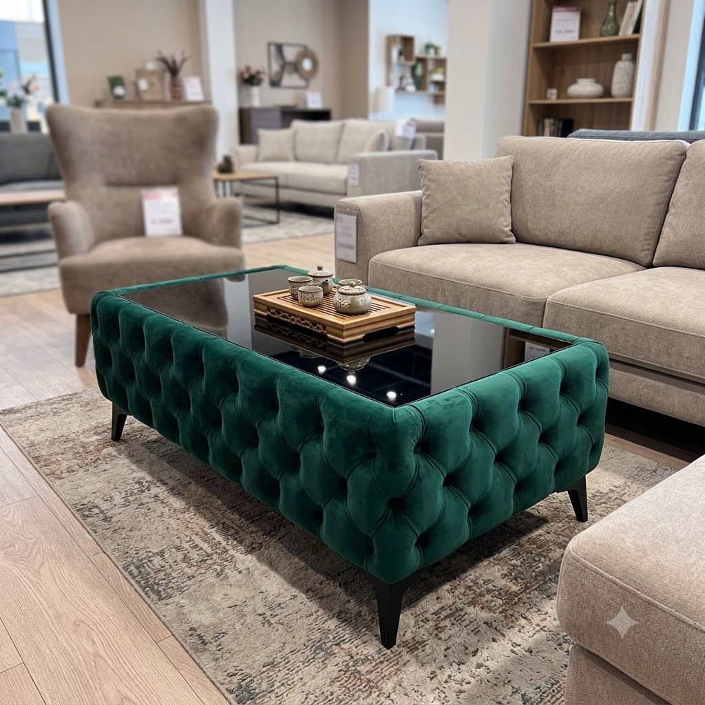 Chesterfield Coffee Table Velvet Rectangle 83x63x45cm with Glass