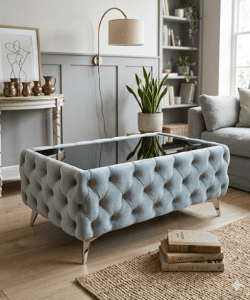 Chesterfield Coffee Table Velvet Rectangle 83x63x45cm with Glass