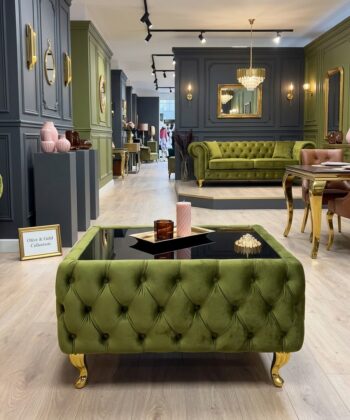 Chesterfield Coffee Table Velvet Rectangle 83x63x45cm with Glass