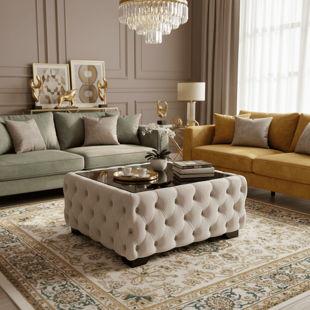Chesterfield Coffee Table Velvet Rectangle 83x63x45cm with Glass