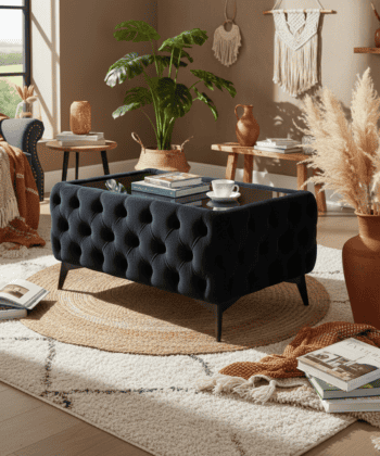 Chesterfield Coffee Table Velvet Rectangle 83x63x45cm with Glass