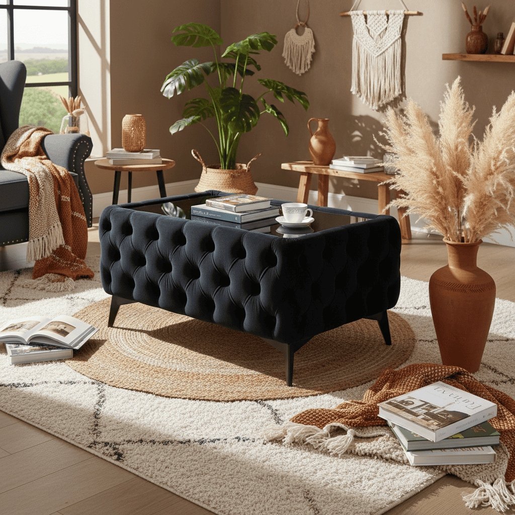 Chesterfield Coffee Table Velvet Rectangle 83x63x45cm with Glass