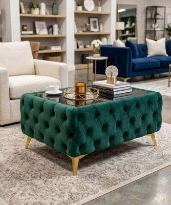 Chesterfield Coffee Table Velvet Rectangle 83x63x45cm with Glass