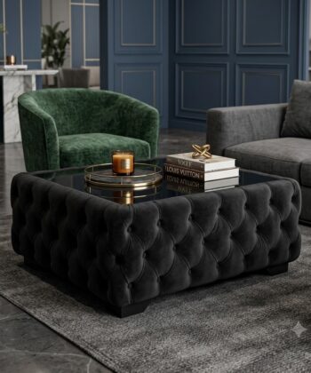 Chesterfield Coffee Table Velvet Rectangle 83x63x45cm with Glass