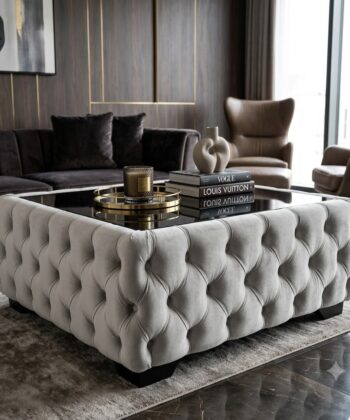 Chesterfield Coffee Table Velvet Rectangle 83x63x45cm with Glass