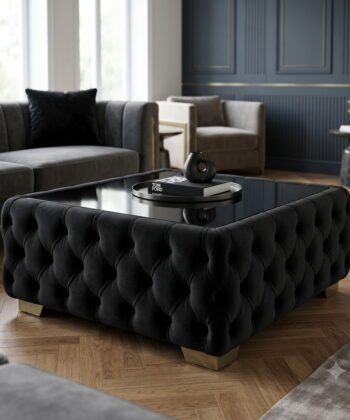 Chesterfield Coffee Table Velvet Rectangle 83x63x45cm with Glass