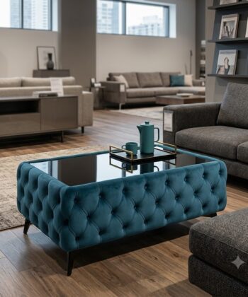 Chesterfield Coffee Table Velvet Rectangle 83x63x45cm with Glass