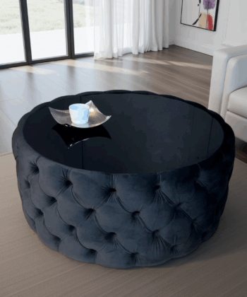 Luxe Round Velvet Coffee Table Button-Tufted Chesterfield / Glass