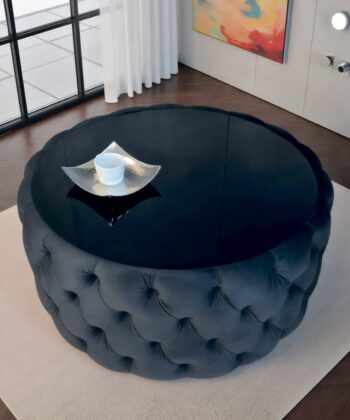 Round Velvet Coffee Table Button-Tufted Chesterfield / Glass 80cm
