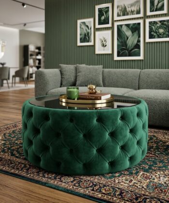 Round Velvet Coffee Table Button-Tufted Chesterfield / Glass 80cm