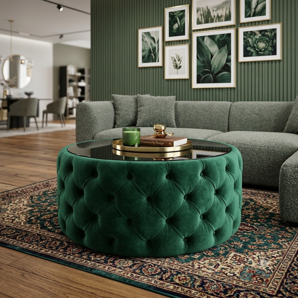 Round Velvet Coffee Table Button-Tufted Chesterfield / Glass 80cm