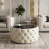 Round Velvet Coffee Table Button-Tufted Chesterfield / Glass 80cm
