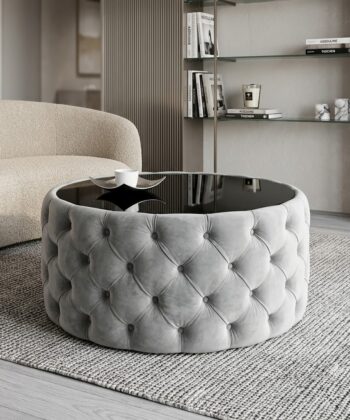 Round Velvet Coffee Table Button-Tufted Chesterfield / Glass 80cm