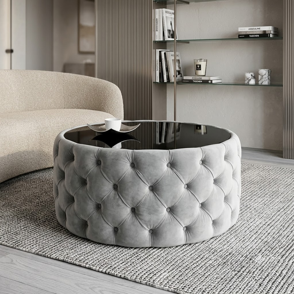 Round Velvet Coffee Table Button-Tufted Chesterfield / Glass 80cm